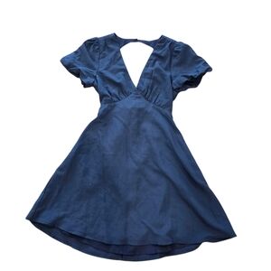 Lulus Small Sweet And Soulful Navy Puff Sleeve Tie Back Dress Nwt